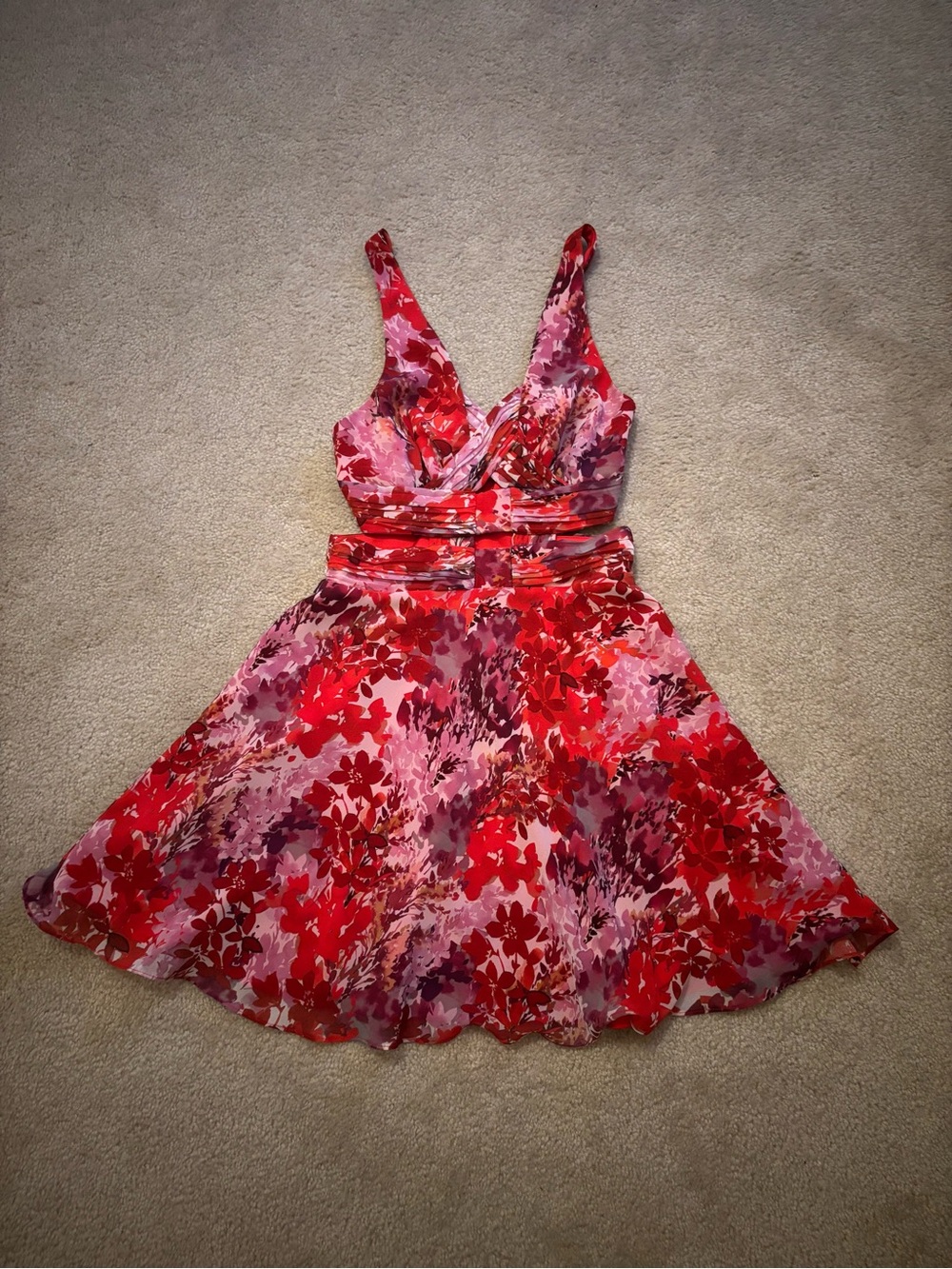 Marciano floral  V-Neck Red & Pink Sleeveless Skater Dress